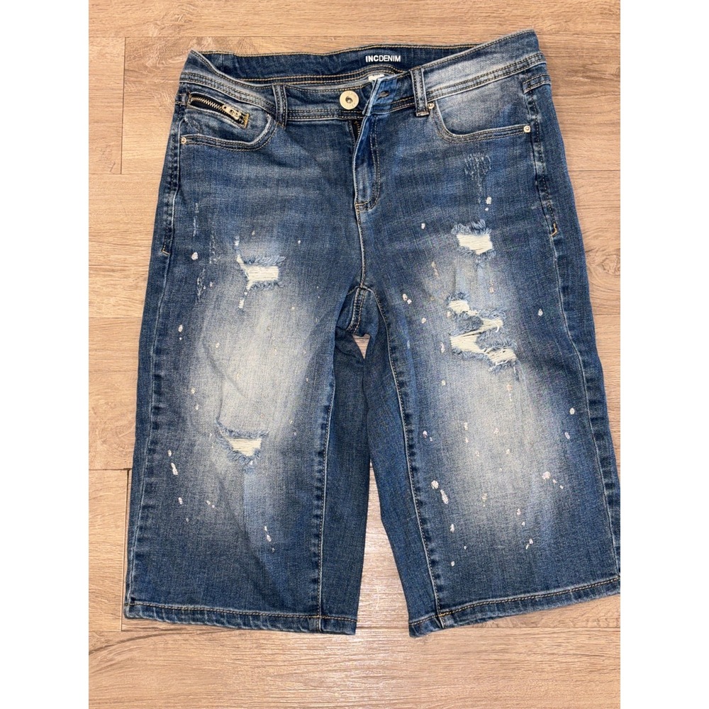 INC Denim Bermuda Shorts Womens‎ 4/27 Blue Mid Rise Distressed Everyday Wear